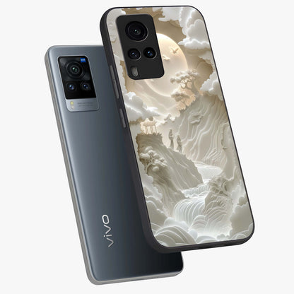 Celestial Origami Glass Case displayed in angled mockup highlighting geometric origami design with cosmic aesthetic theme.