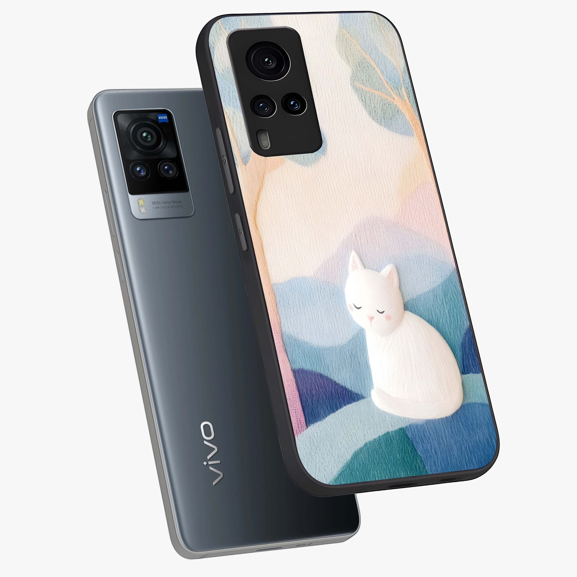 Cotton Dream Cat Glass Case displayed in angled mockup highlighting cute feline illustration with pastel aesthetic style.
