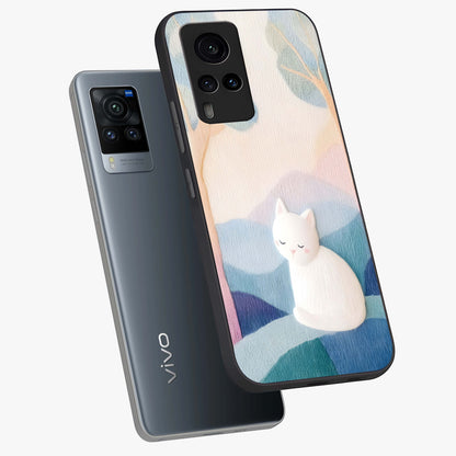 Cotton Dream Cat Glass Case displayed in angled mockup highlighting cute feline illustration with pastel aesthetic style.