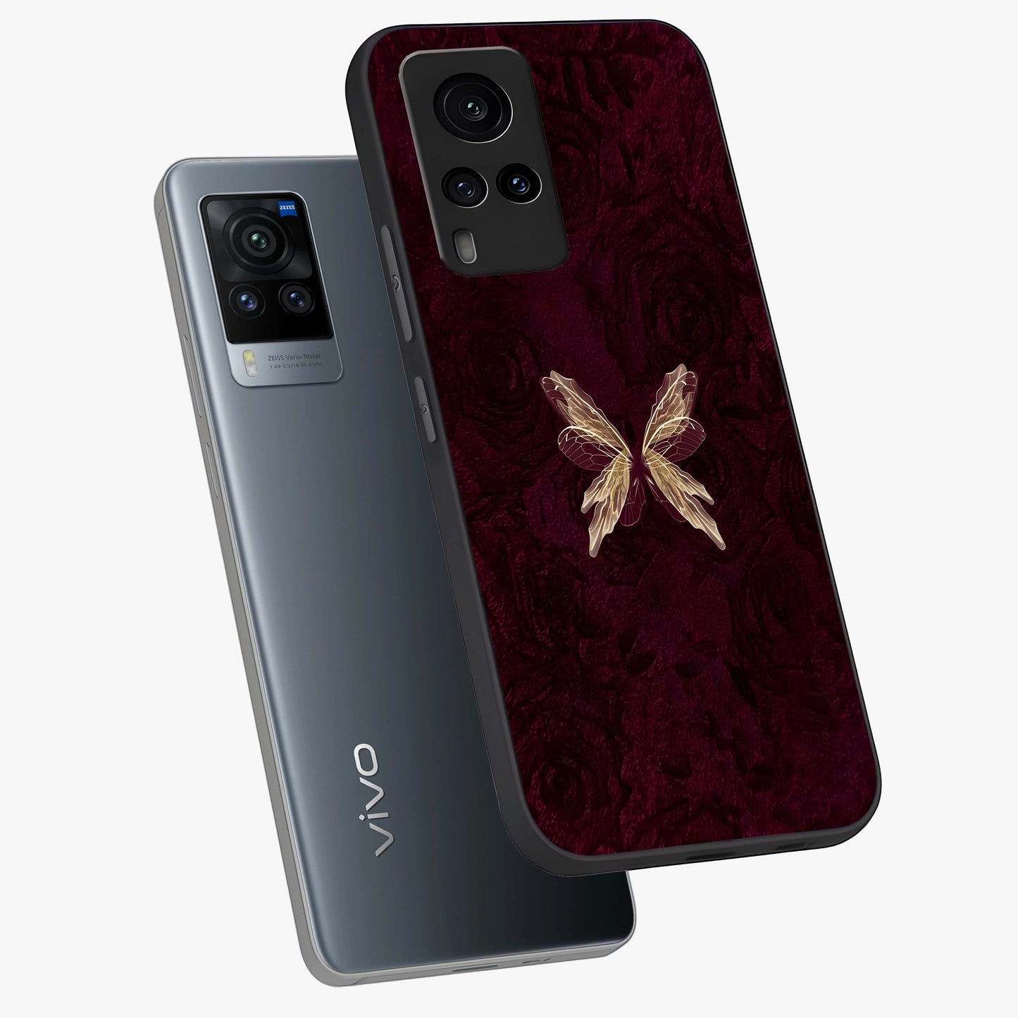 Crimson Fade Butterfly Glass Case displayed in angled mockup highlighting elegant butterfly design with crimson gradient aesthetic.