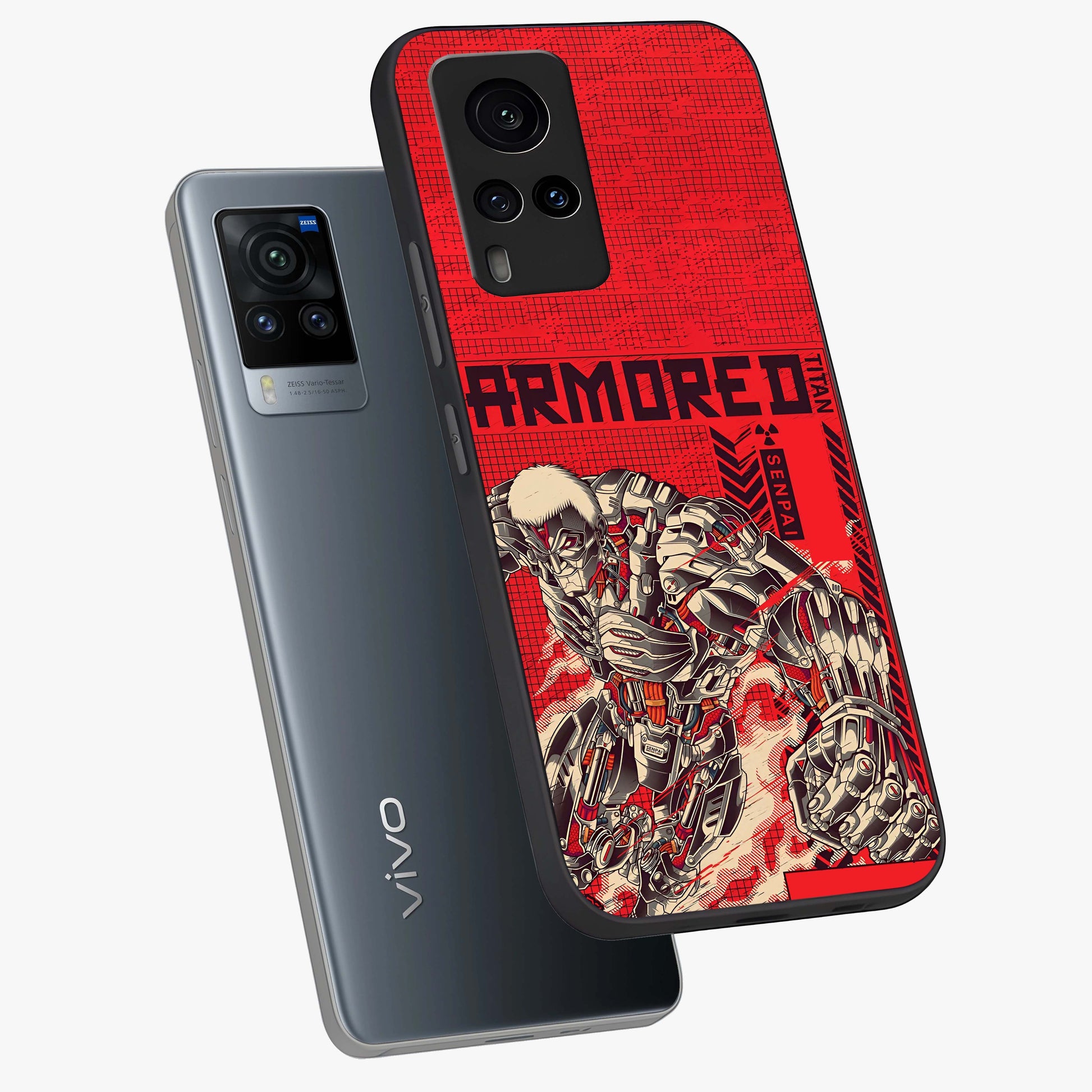 Crimson Mecha Titan Glass Case displayed in angled mockup highlighting futuristic mech illustration with bold crimson aesthetic.
