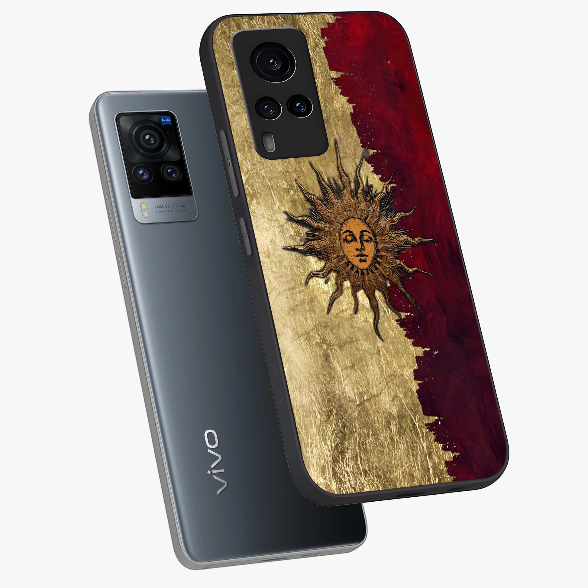 Crimson Sun Majesty Glass Case displayed in angled mockup highlighting majestic crimson sun design with bold aesthetic style.