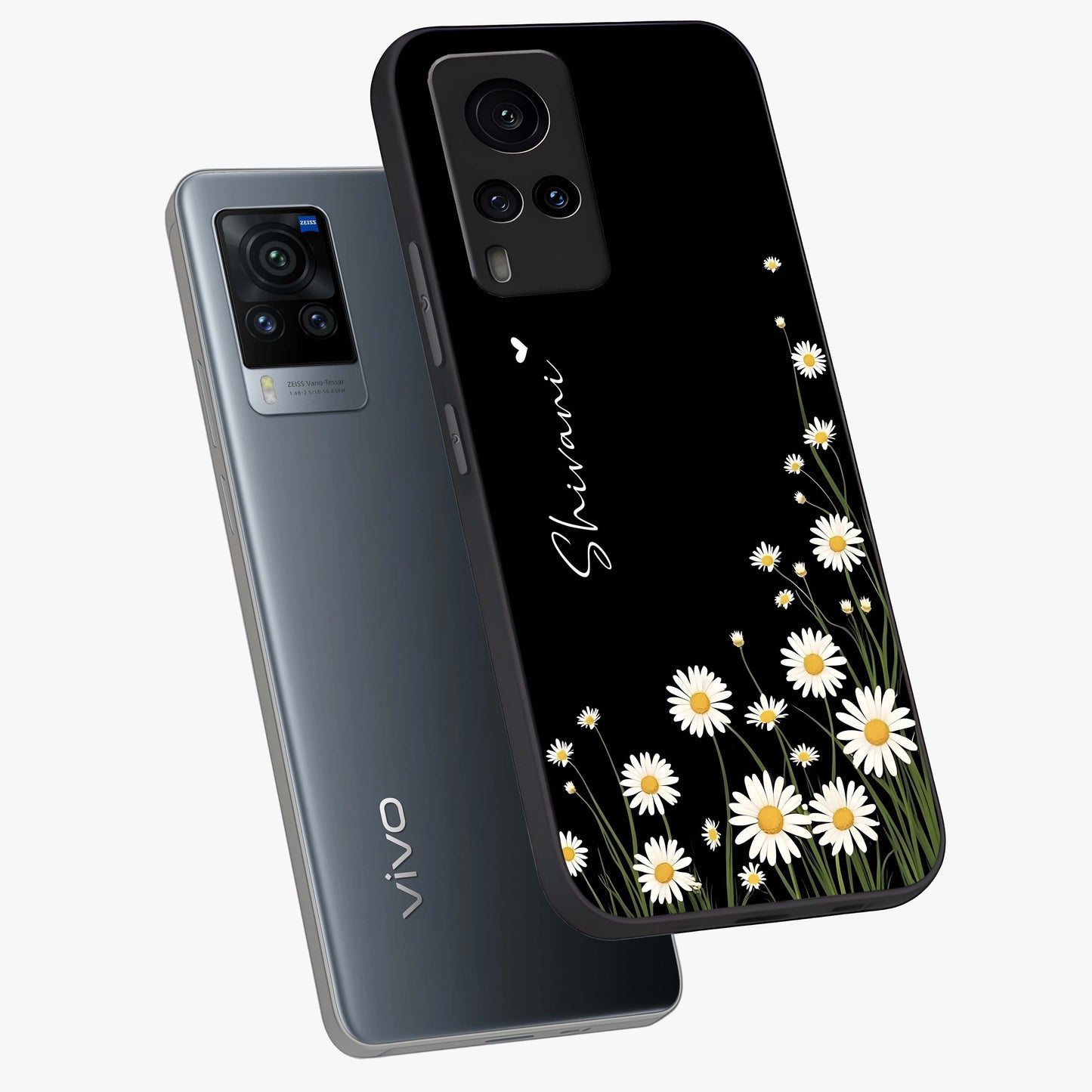 Daisy Cascade Custom Name Glass Case displayed in angled mockup highlighting delicate daisy artwork with custom name feature.