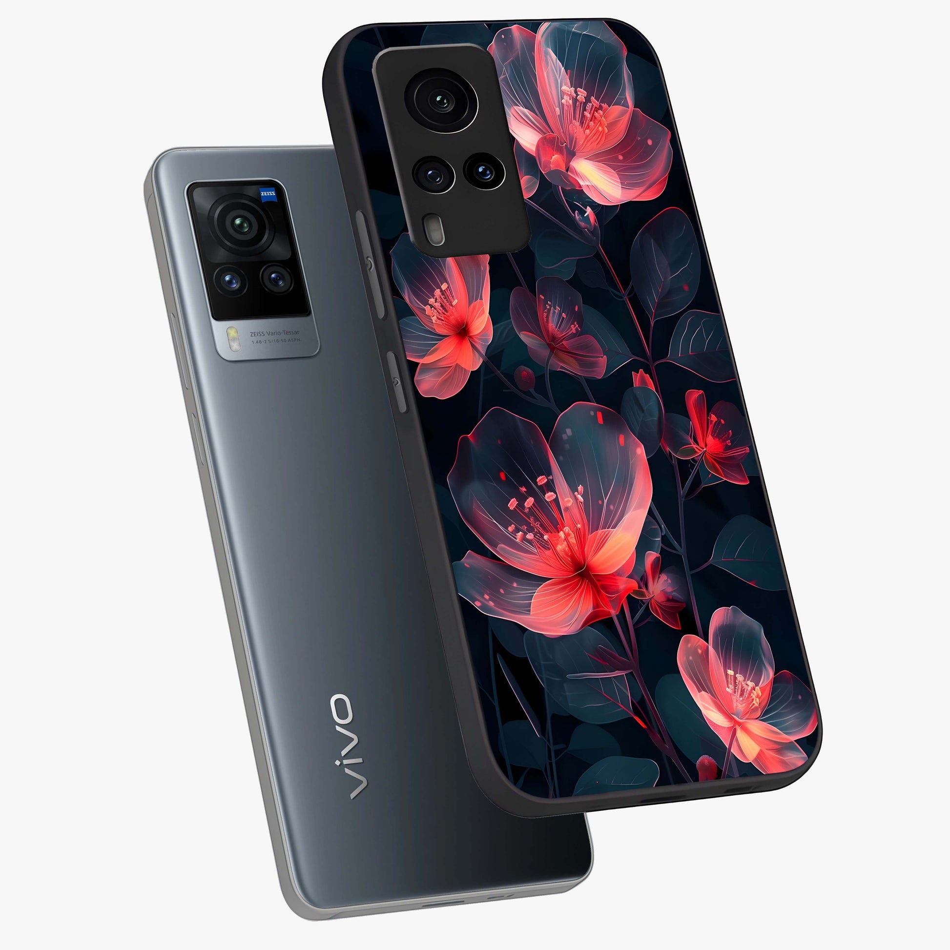 Dark Shade of Flower Glass Case displayed in angled mockup highlighting moody floral illustration with aesthetic dark tones.