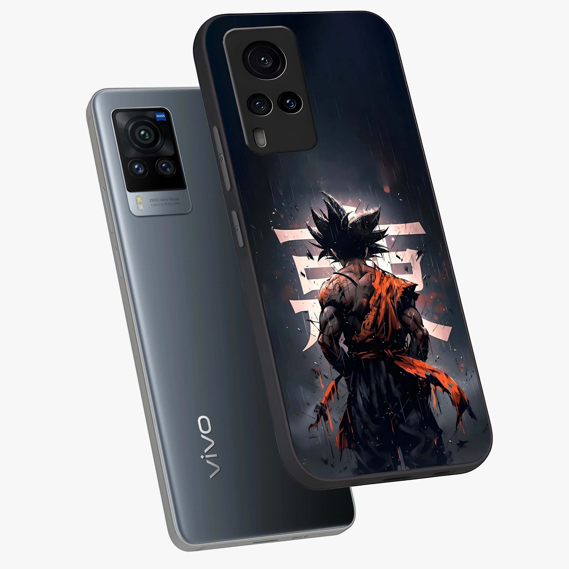 Dark Warrior In Rain Glass Case displayed in angled mockup highlighting dramatic warrior illustration with dark rain aesthetic.