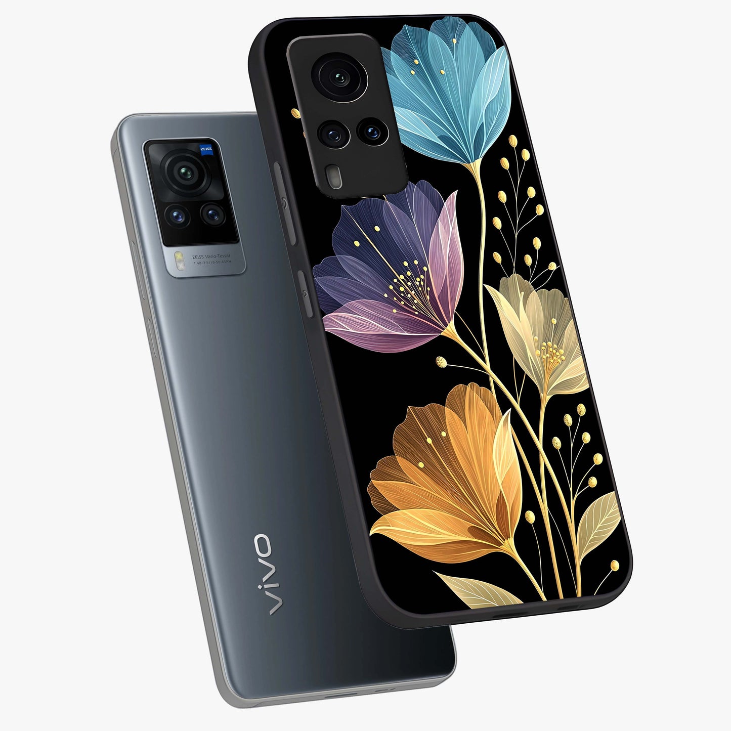 Delicate Multicolor Flowers Glass Case displayed in angled mockup highlighting colorful flower pattern with soft aesthetic style.