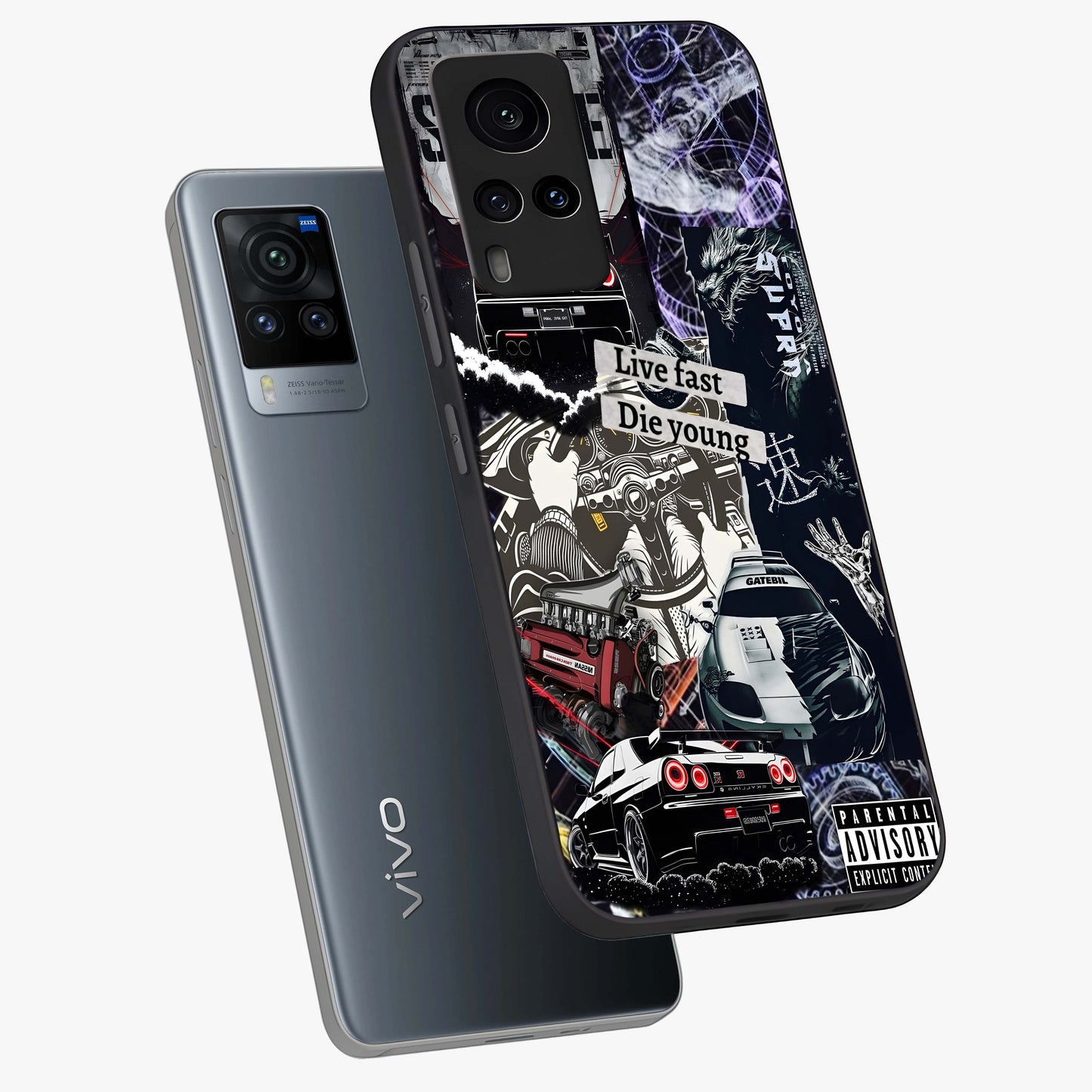 Die Young Glass Case displayed in angled mockup highlighting expressive graphic artwork with edgy aesthetic style.