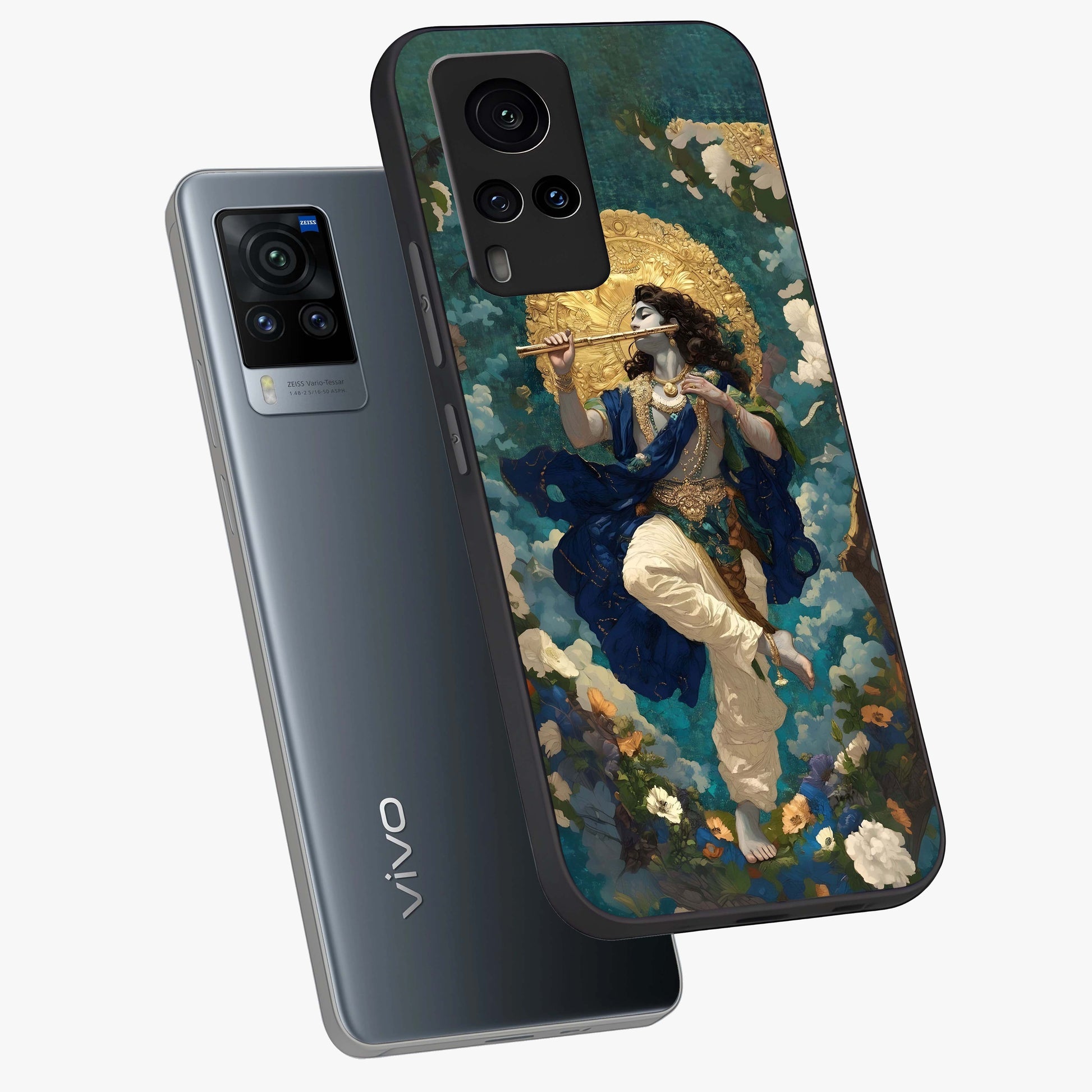 Divine Krishna Art Glass Case displayed in angled mockup highlighting spiritual Krishna illustration with devotional aesthetic.
