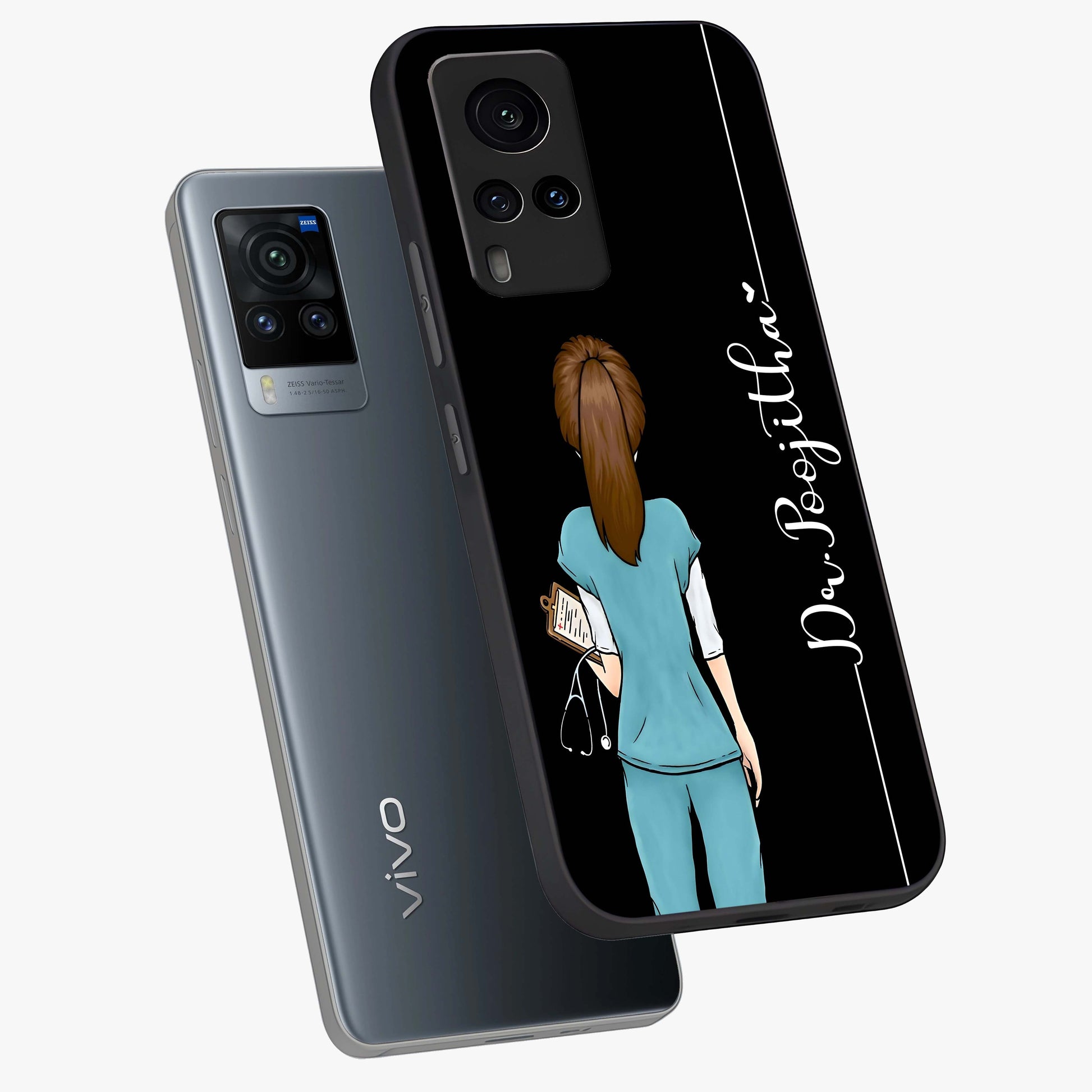 Doctor Pattern Custom Name Glass Case displayed in angled mockup highlighting doctor inspired artwork with custom name feature.