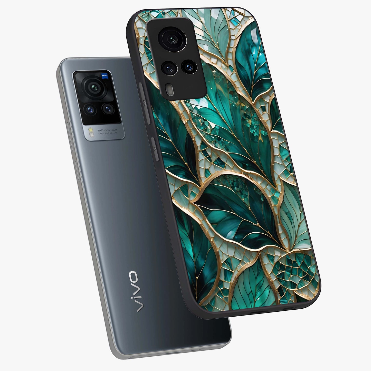 Emerald Leaf Glass Glass Case displayed in angled mockup highlighting botanical leaf illustration with elegant natural aesthetic.