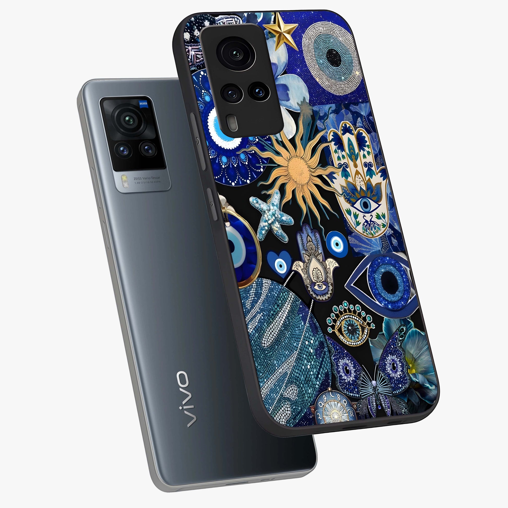 Evil Eye Charm Mix Glass Case displayed in angled mockup highlighting protective evil eye symbols with spiritual aesthetic design.
