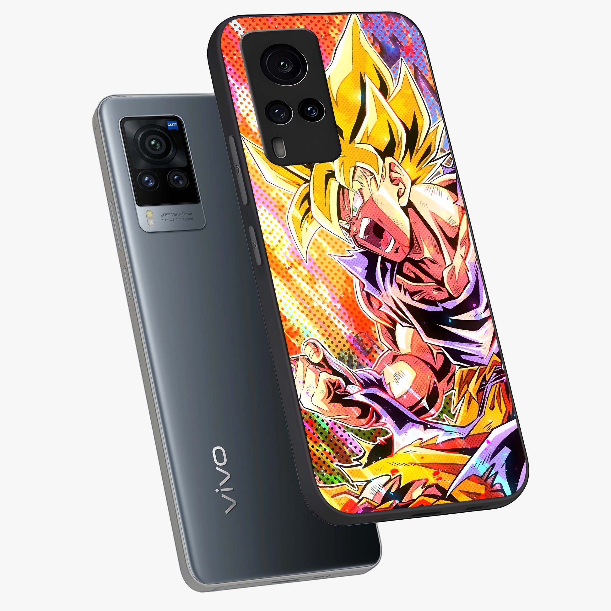Firing Goku Glass Case displayed in angled mockup highlighting dynamic anime character design with action aesthetic.