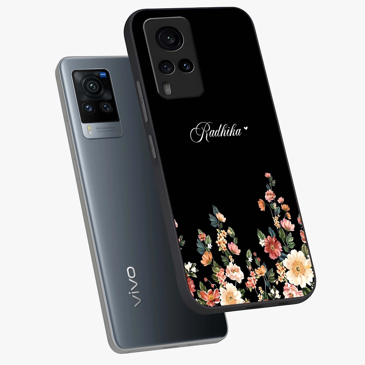 Floral Design With a Custom Personalized Name Glass Case displayed in angled mockup highlighting elegant floral pattern with custom name feature.