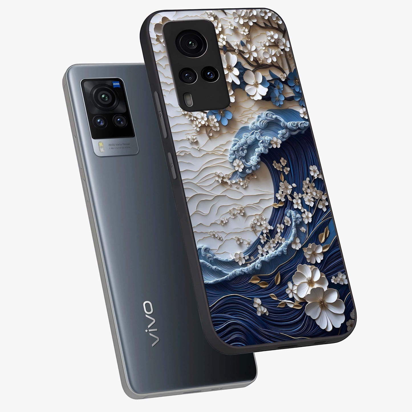 Floral Wave Origami Glass Case displayed in angled mockup highlighting geometric origami flower design with modern aesthetic style.