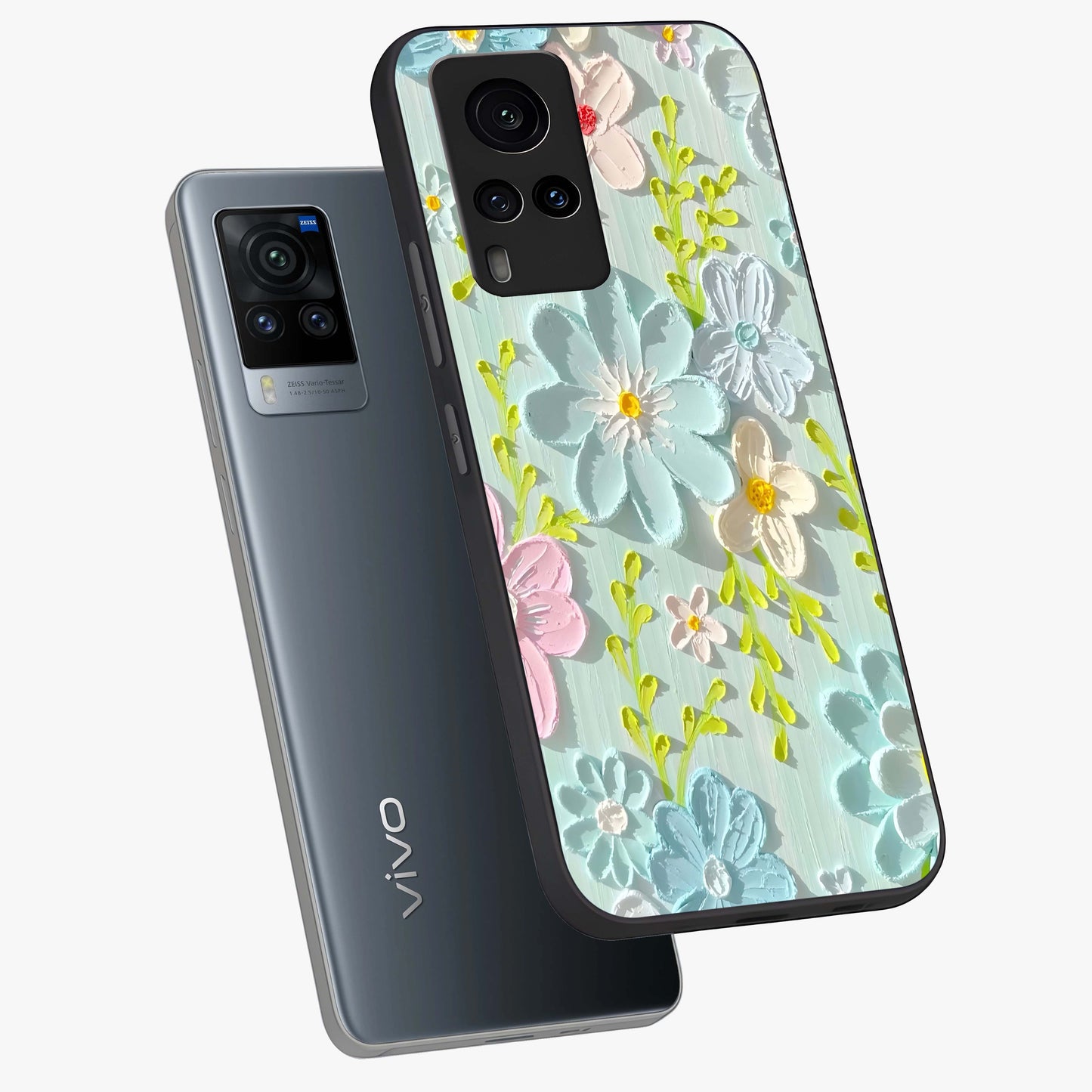 Frosted Petal Garden Glass Case displayed in angled mockup highlighting delicate flower petal design with calm garden aesthetic.