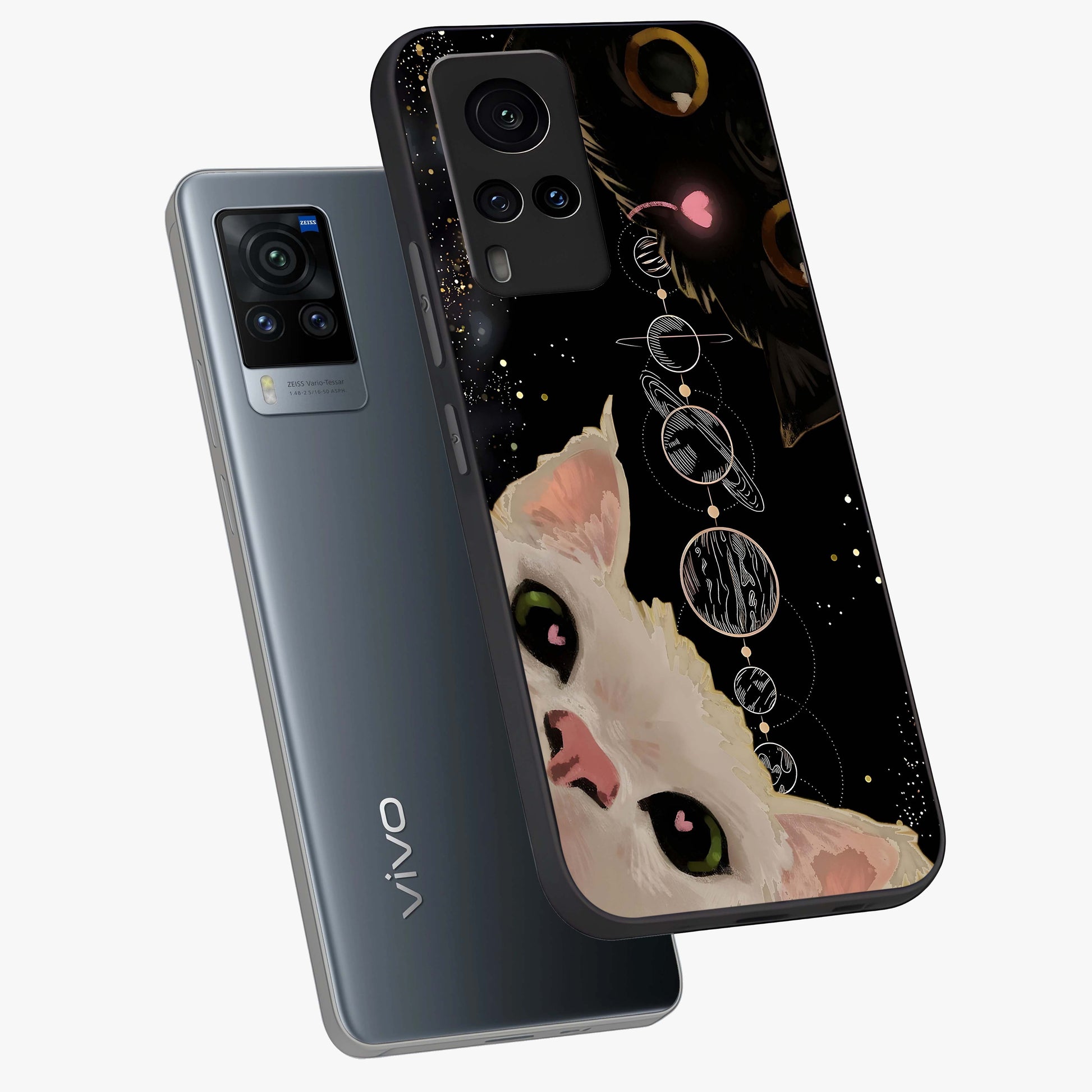 Galactic Cat Glass Case displayed in angled mockup highlighting celestial feline illustration with galaxy aesthetic style.