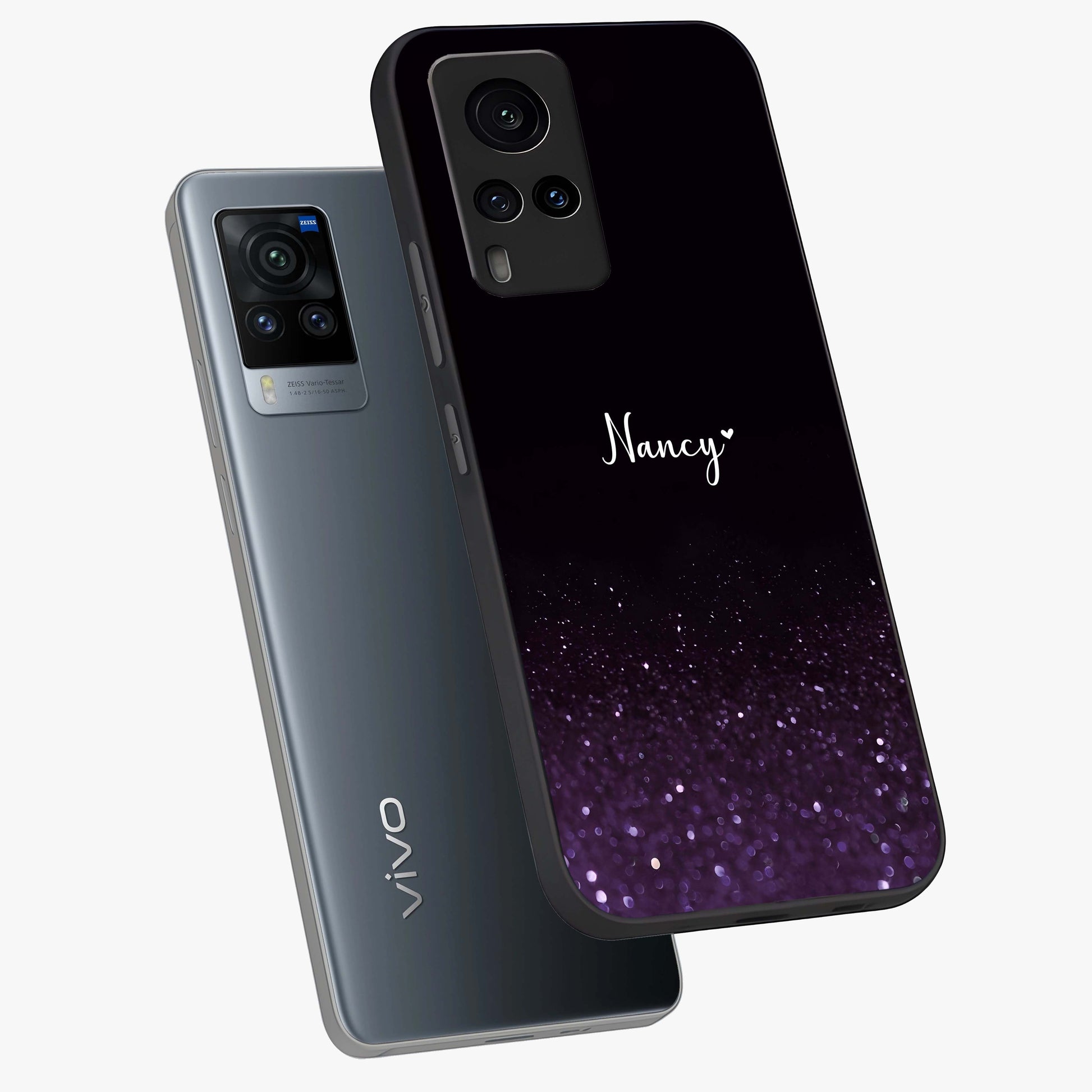 Glittery Purple Bokeh Custom Name Glass Case displayed in angled mockup highlighting glitter bokeh pattern with custom name feature.
