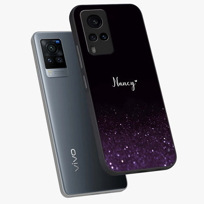 Glittery Purple Bokeh Custom Name Glass Case displayed in angled mockup highlighting glitter bokeh pattern with custom name feature.