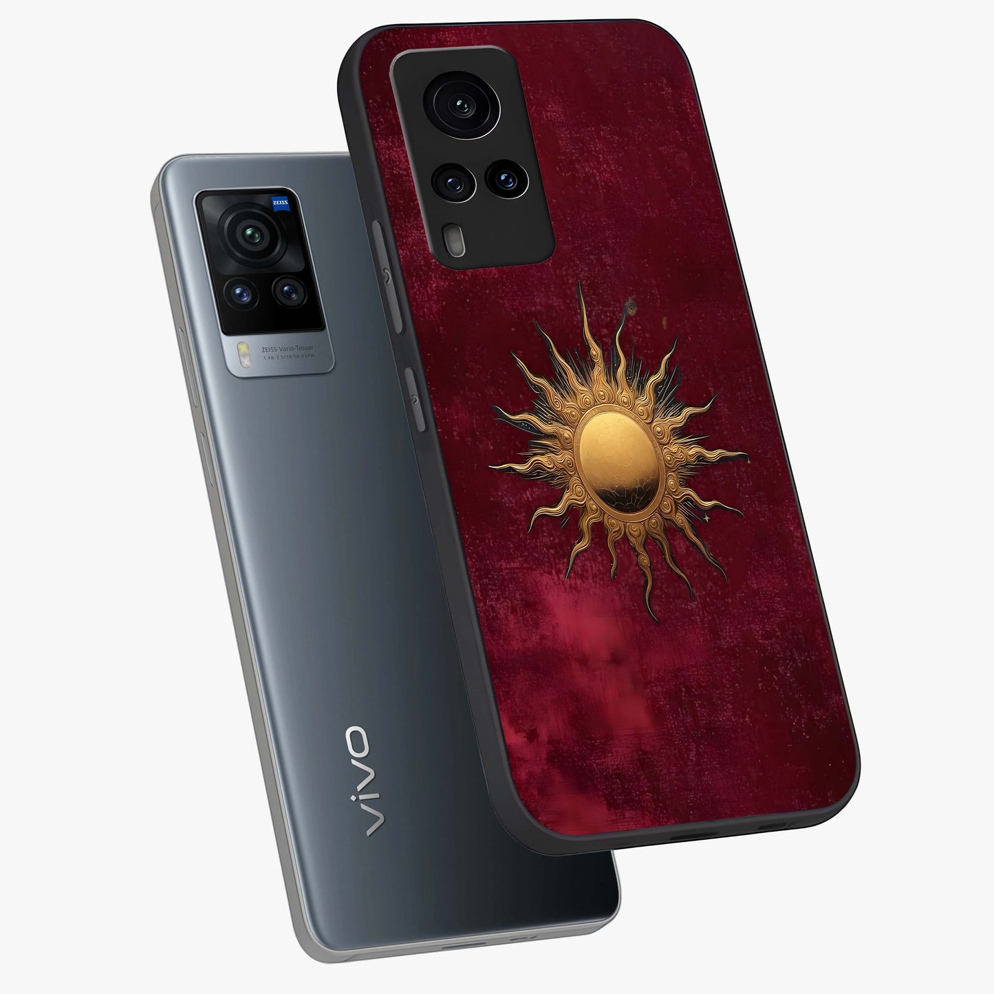Golden Sun Minimalism Glass Case displayed in angled mockup highlighting clean sun symbol design with modern minimal aesthetic.