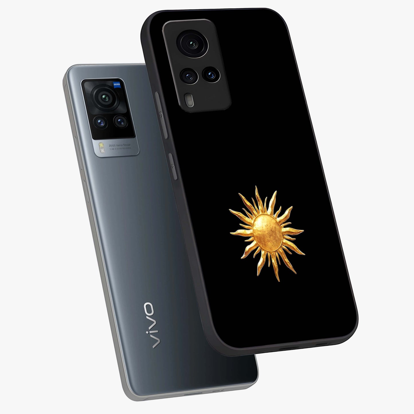 Golden Sun Minimalism Glass Case displayed in angled mockup highlighting eerie shadow illustration with gothic aesthetic.