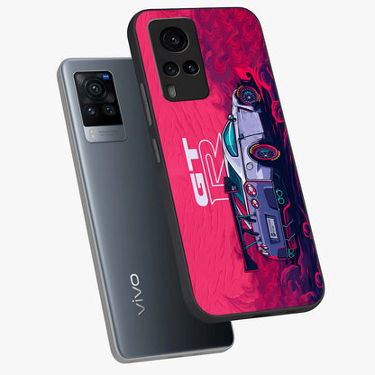GT-R Car Pattern Glass Case displayed in angled mockup highlighting racing car graphic design with bold automotive aesthetic.