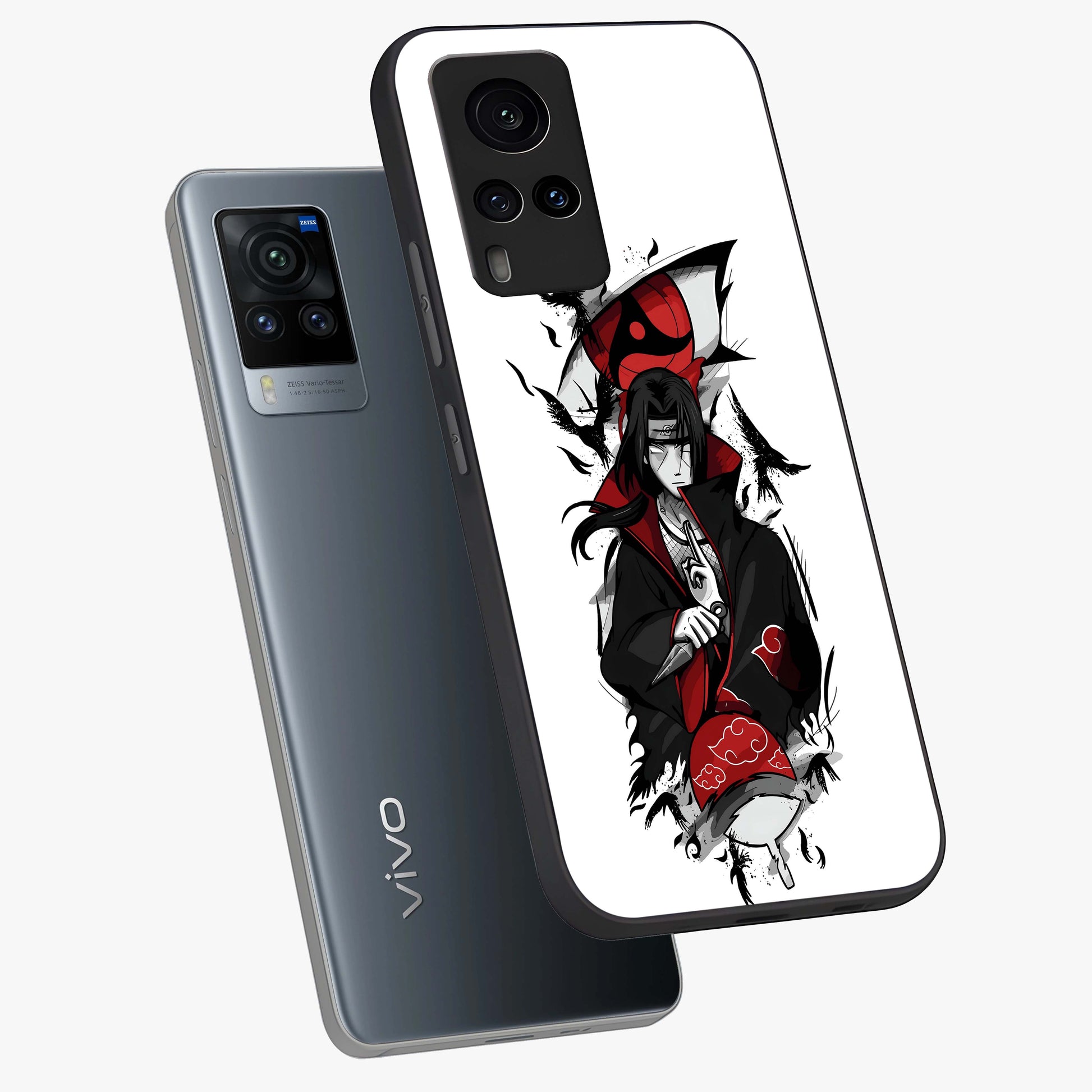 Itachi Limited Edition Naruto Anime Glass Case displayed in angled mockup highlighting dramatic anime illustration with bold action aesthetic.