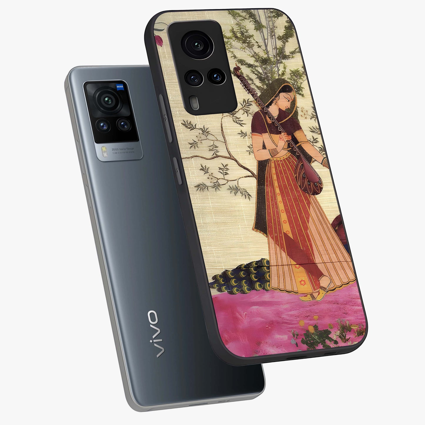 Lady With Veena Art Glass Case displayed in angled mockup highlighting graceful musical illustration with cultural artistic aesthetic.