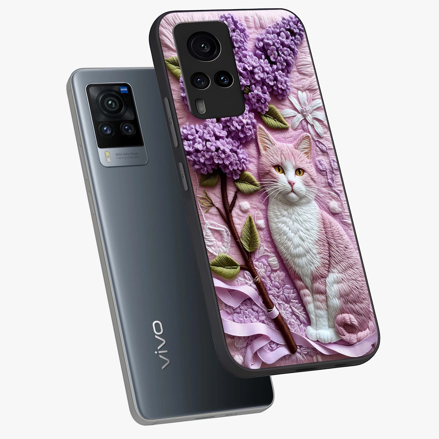 Lavender Cat Whimsy Glass Case displayed in angled mockup highlighting playful feline illustration with pastel lavender aesthetic.