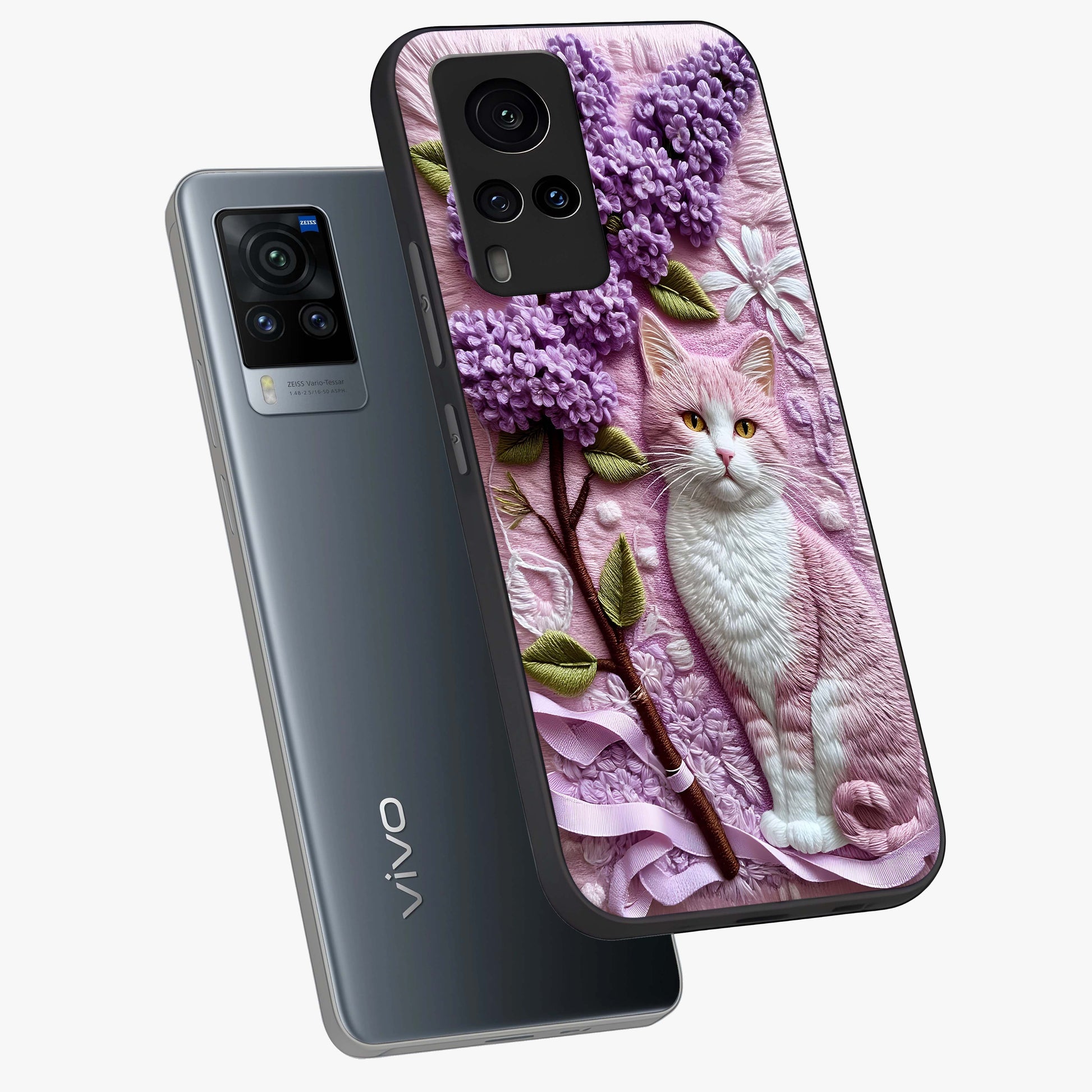 Lavender Cat Whimsy Glass Case displayed in angled mockup highlighting playful feline illustration with pastel lavender aesthetic.