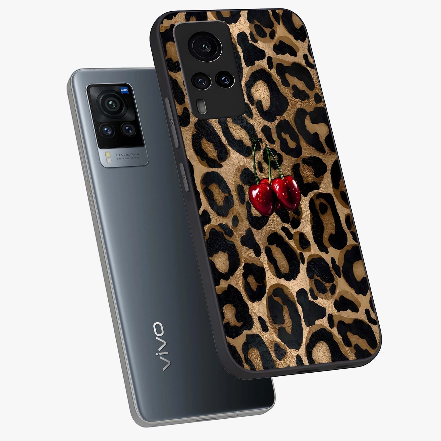 Leopard Wild Cherry Glass Case displayed in angled mockup highlighting bold animal print design with playful cherry aesthetic.