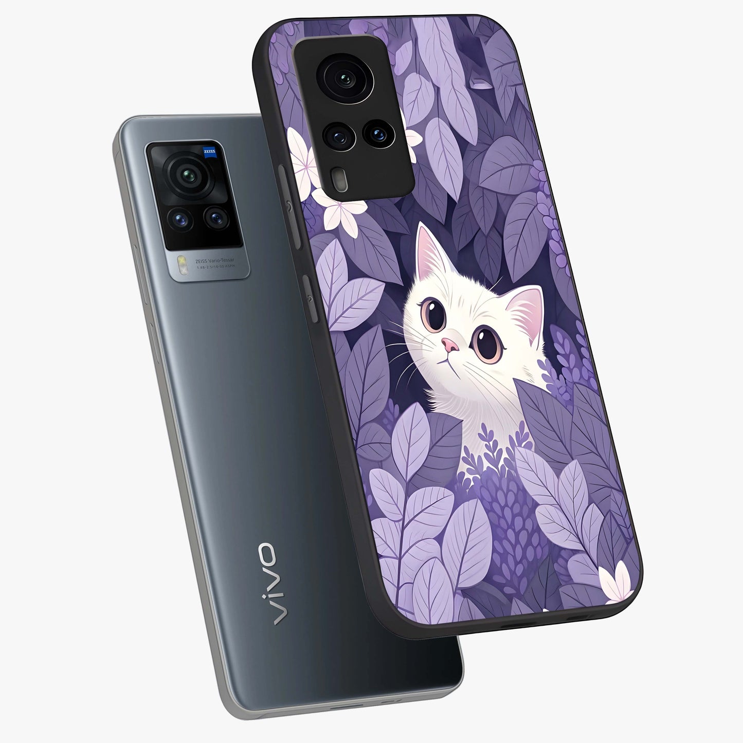 Lilac Hide Peek Cat Glass Case displayed in angled mockup highlighting playful feline illustration with lilac aesthetic design.
