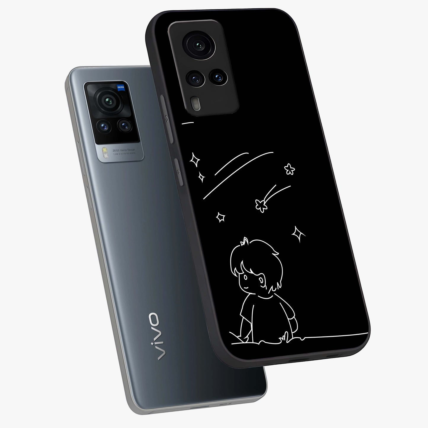 Line Art Boy With Shooting Stars Glass Case displayed in angled mockup highlighting elegant line art design with dreamy star aesthetic.