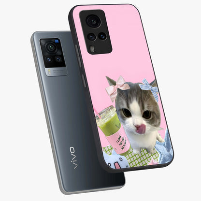 Love Matcha Cat Glass Case displayed in angled mockup highlighting playful feline illustration with cozy matcha aesthetic.