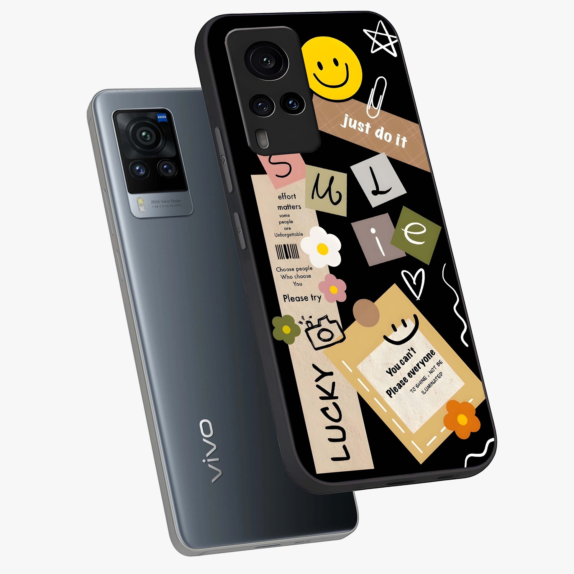 Lucky Aesthetic Collage Glass Case displayed in angled mockup highlighting stylish collage pattern with modern aesthetic vibe.
