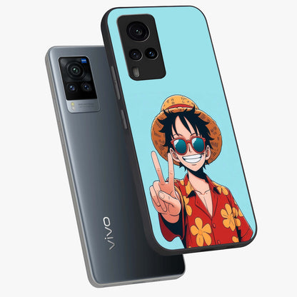 Luffy Summer Anime Vibe Glass Case displayed in angled mockup highlighting energetic anime illustration with summer vibe aesthetic.