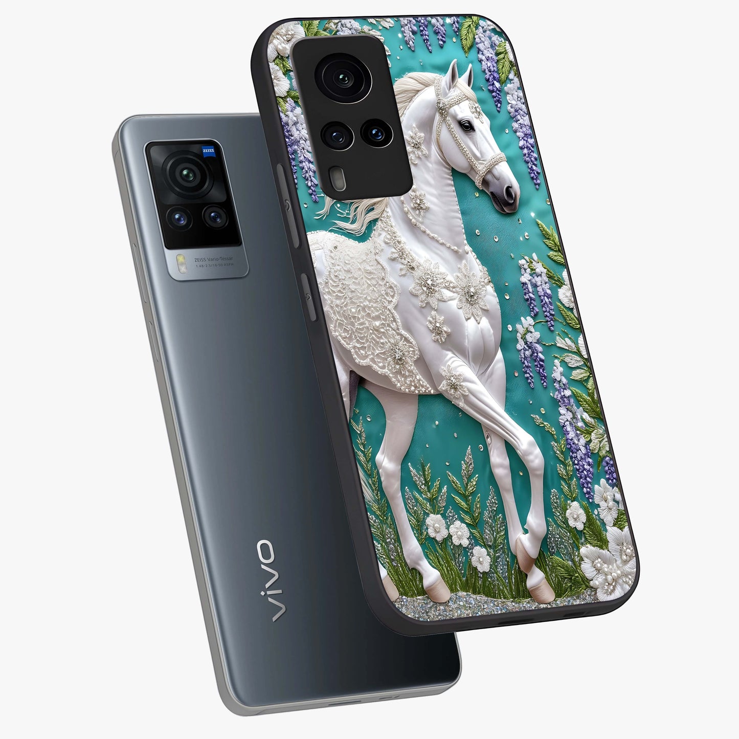 Majestic Floral Stallion Glass Case displayed in angled mockup highlighting majestic stallion illustration with elegant floral aesthetic.