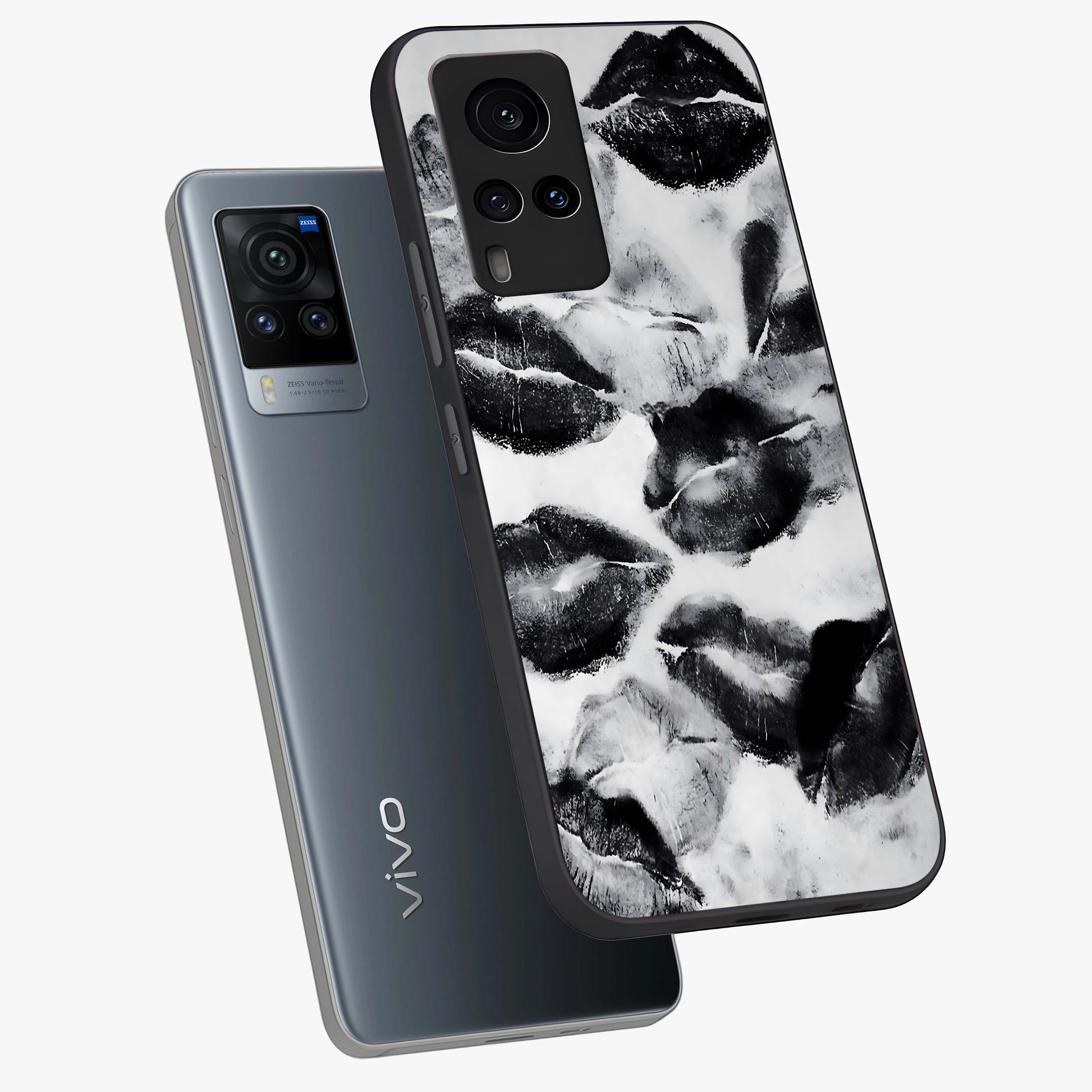 Midnight Kiss Marks Glass Case displayed in angled mockup highlighting playful romantic design with bold midnight aesthetic.