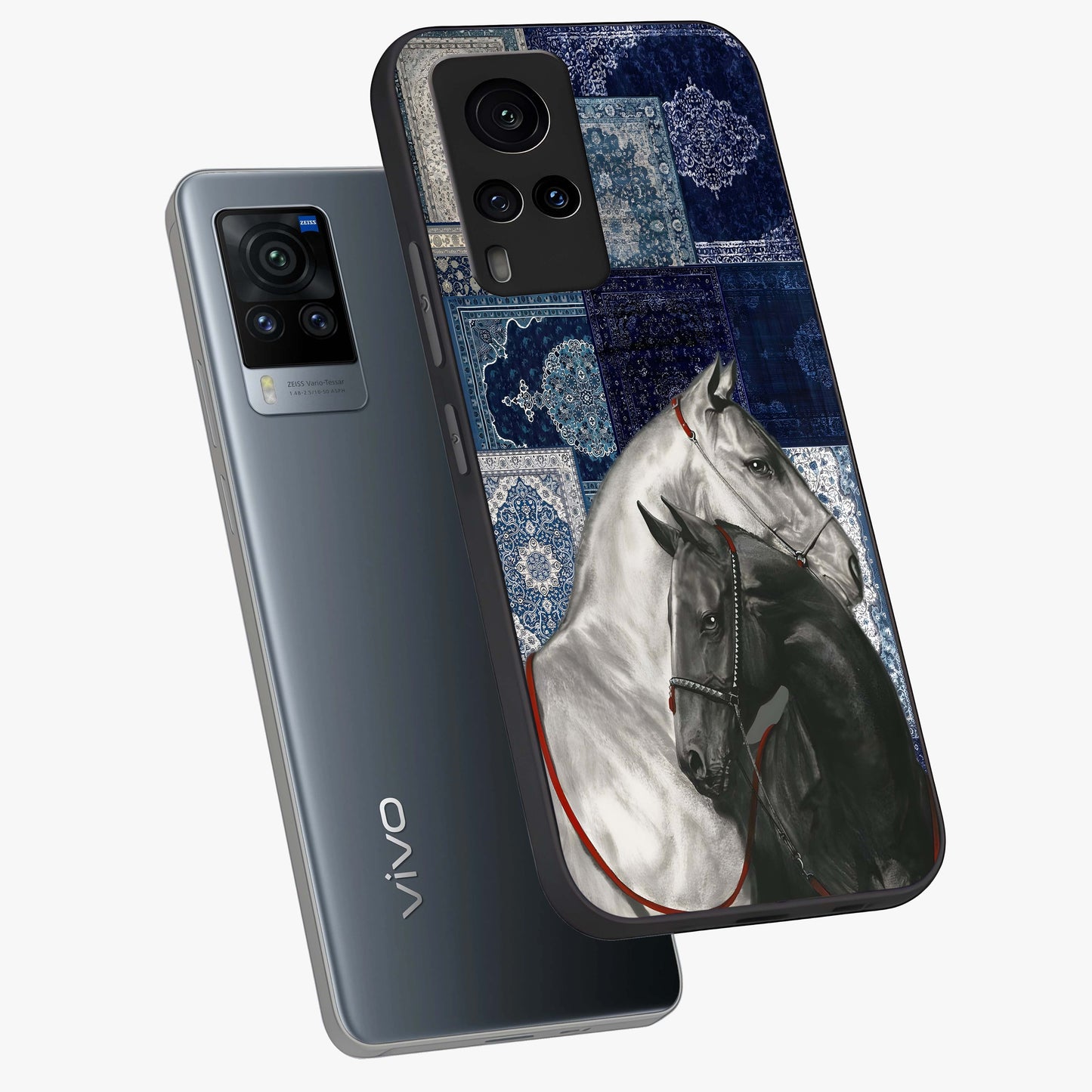Midnight Stallion Blues Glass Case displayed in angled mockup highlighting powerful stallion illustration with deep midnight tones.