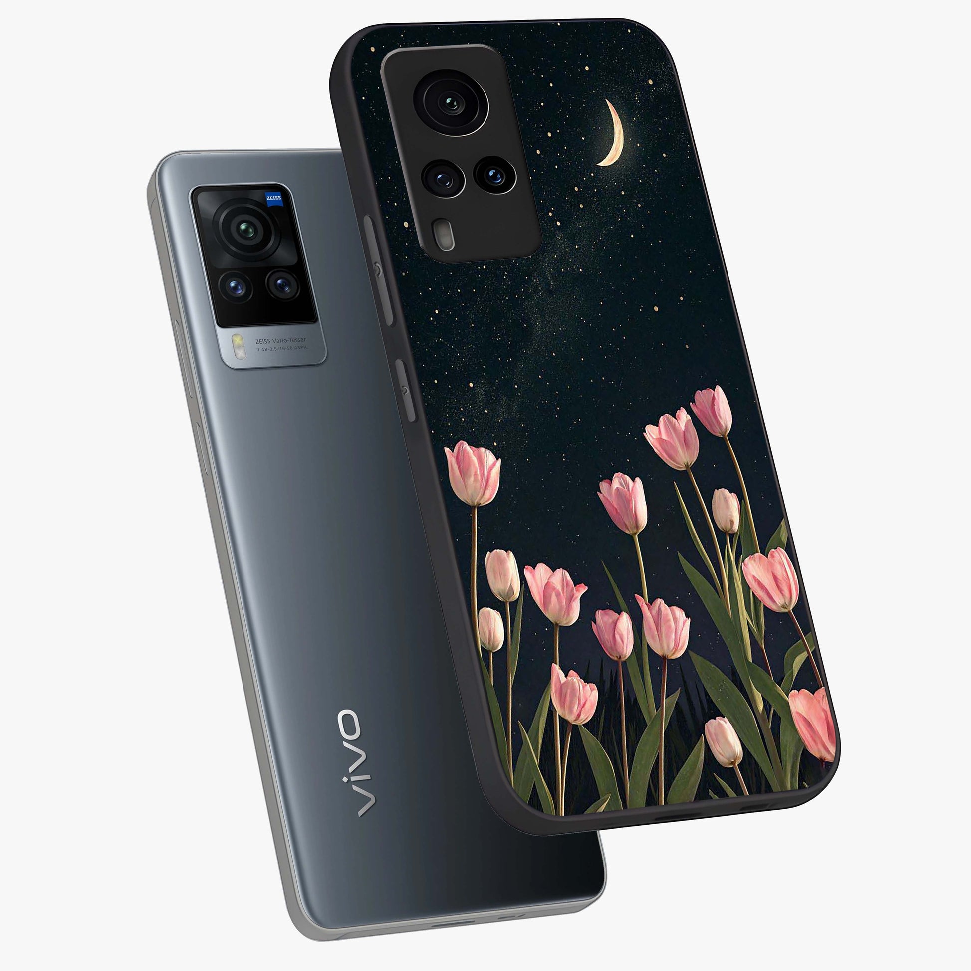 Midnight Tulip Whispers Vibe Glass Case displayed in angled mockup highlighting delicate tulip design with midnight floral aesthetic.