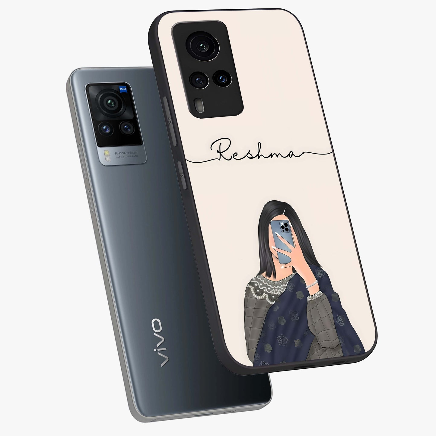 Mirror Mood Muse With Custom Name Glass Case displayed in angled mockup highlighting aesthetic mirror inspired design with custom name feature.