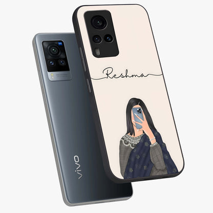 Mirror Mood Muse With Custom Name Glass Case displayed in angled mockup highlighting aesthetic mirror inspired design with custom name feature.