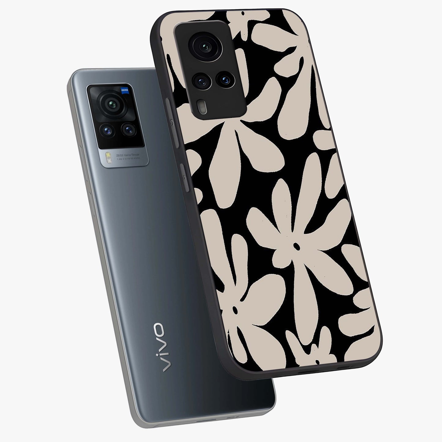 Monochrome Petal Dance Glass Case displayed in angled mockup highlighting elegant petal design with black and white aesthetic.