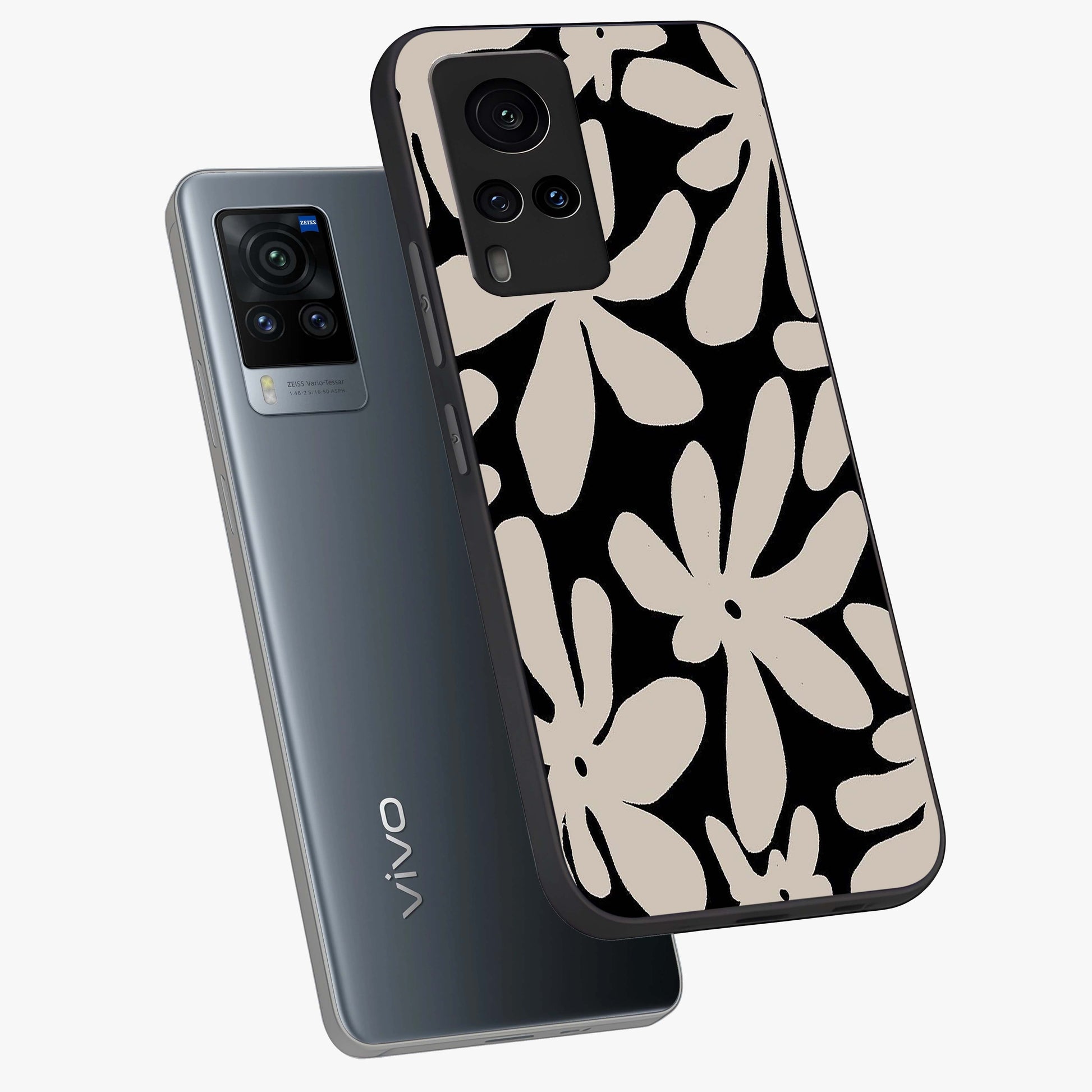 Monochrome Petal Dance Glass Case displayed in angled mockup highlighting elegant petal design with black and white aesthetic.