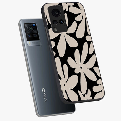 Monochrome Petal Dance Glass Case displayed in angled mockup highlighting elegant petal design with black and white aesthetic.