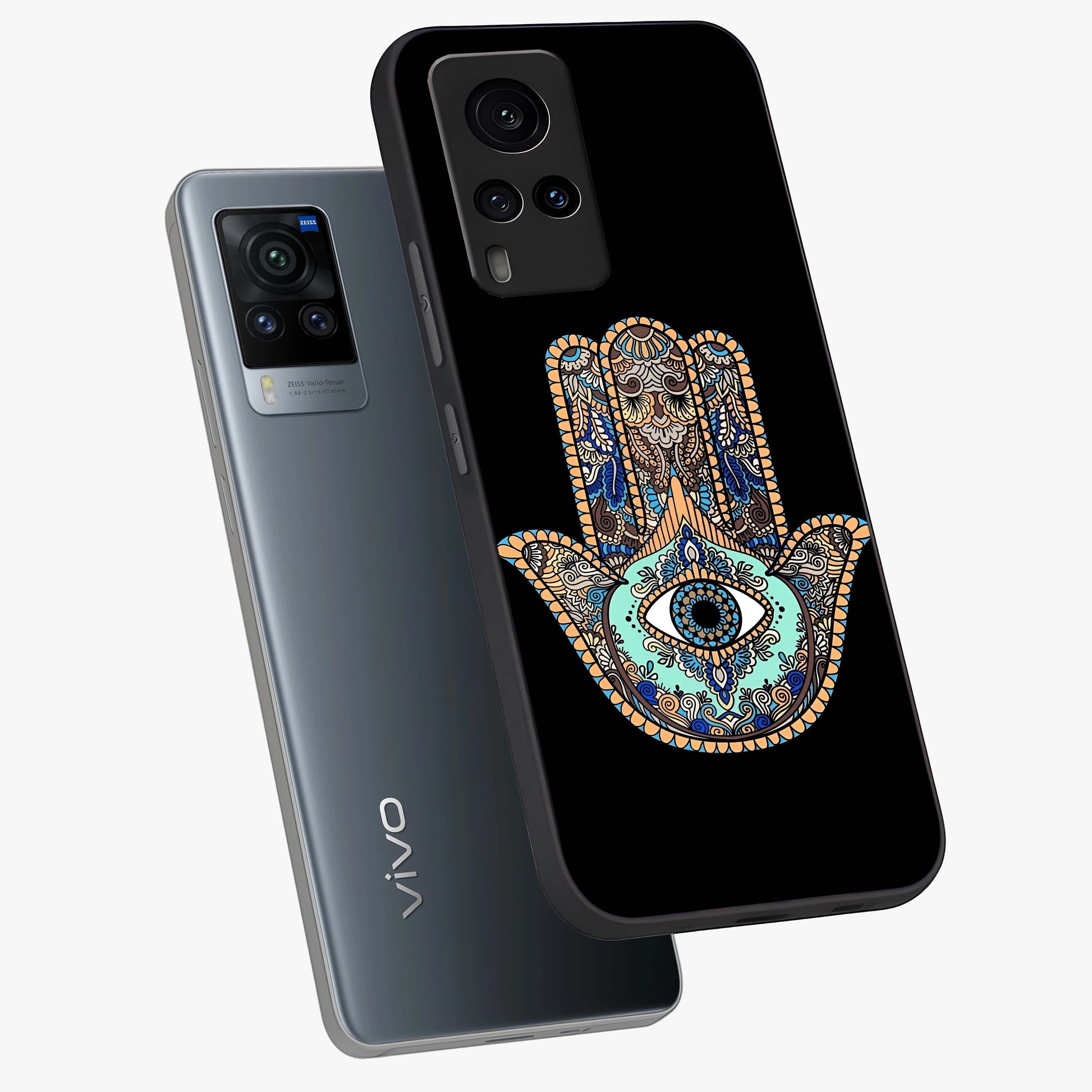 Mystic Hamsa Eye Glass Case displayed in angled mockup highlighting spiritual hamsa symbol with mystical aesthetic style.