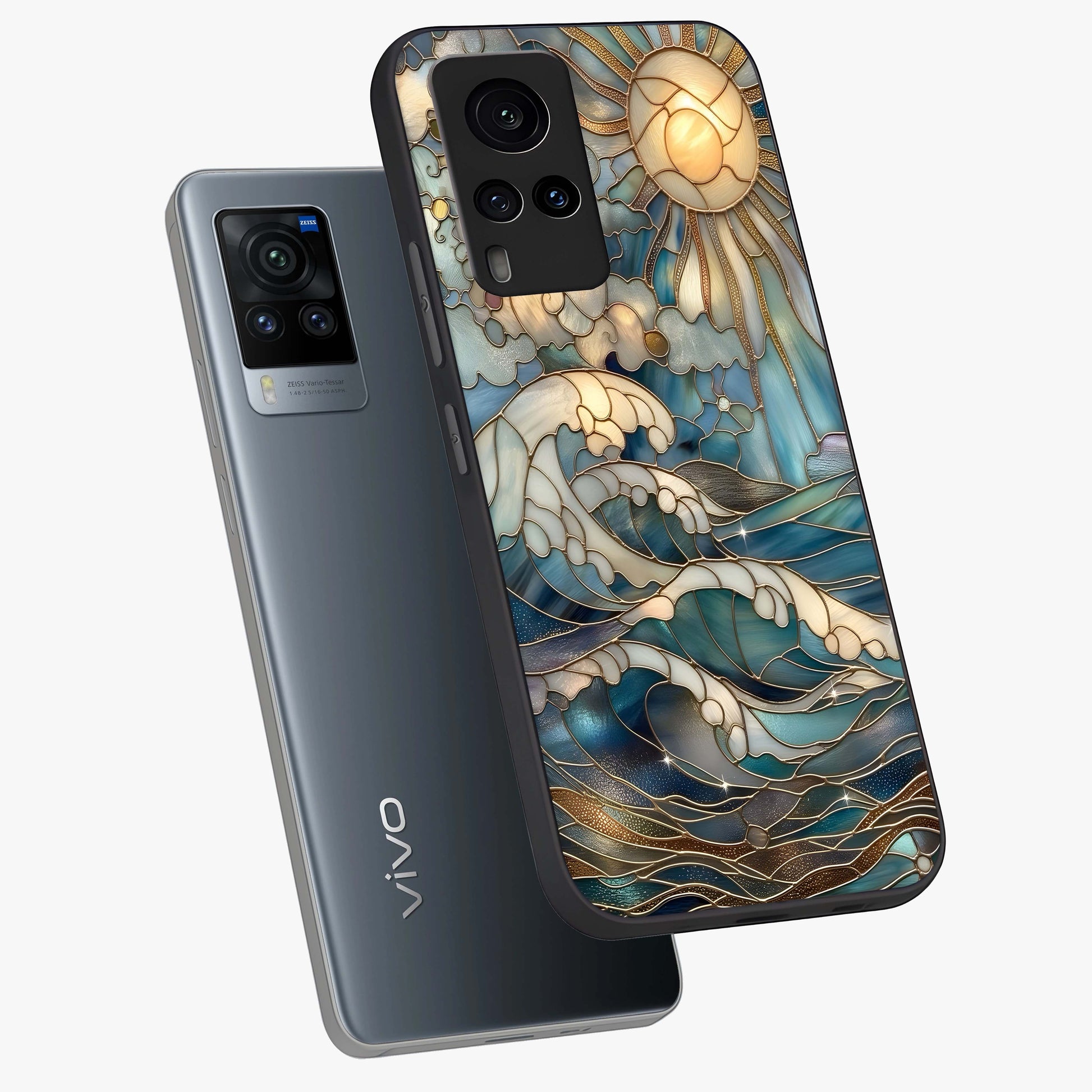 Oceanic Stained Printed Glass Case displayed in angled mockup highlighting colorful aquatic design with artistic aesthetic style.