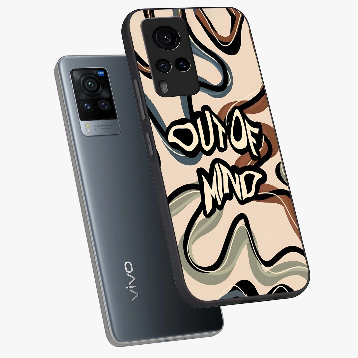 Out Of Mind Glass Case displayed in angled mockup highlighting bold statement design with modern artistic aesthetic.