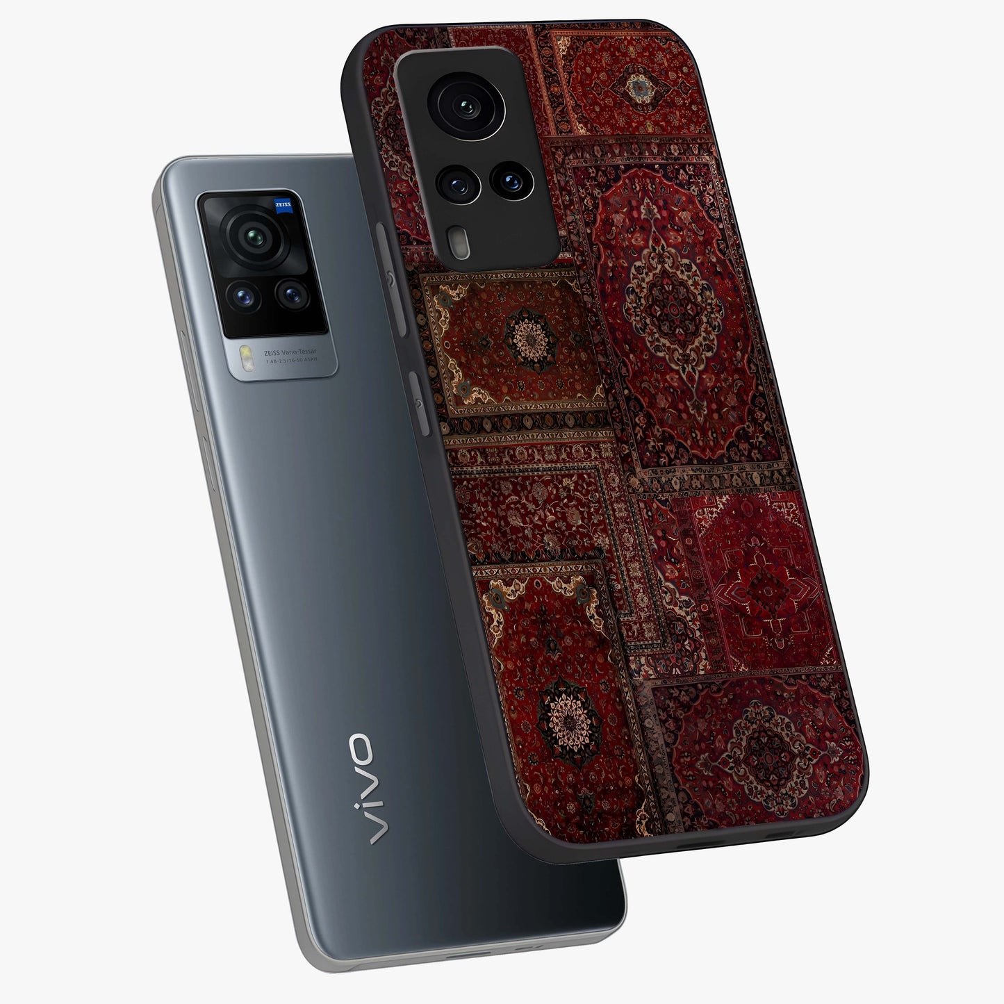 Persian Velvet Tale Glass Case displayed in angled mockup highlighting ornate textile inspired design with royal aesthetic.