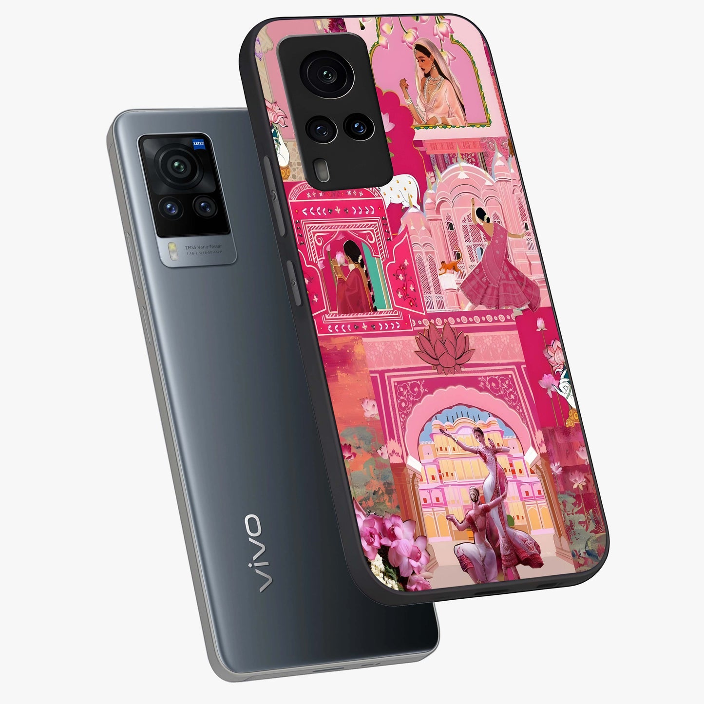 Pink Palace Muse Glass Case displayed in angled mockup highlighting dreamy palace illustration with soft pink aesthetic.