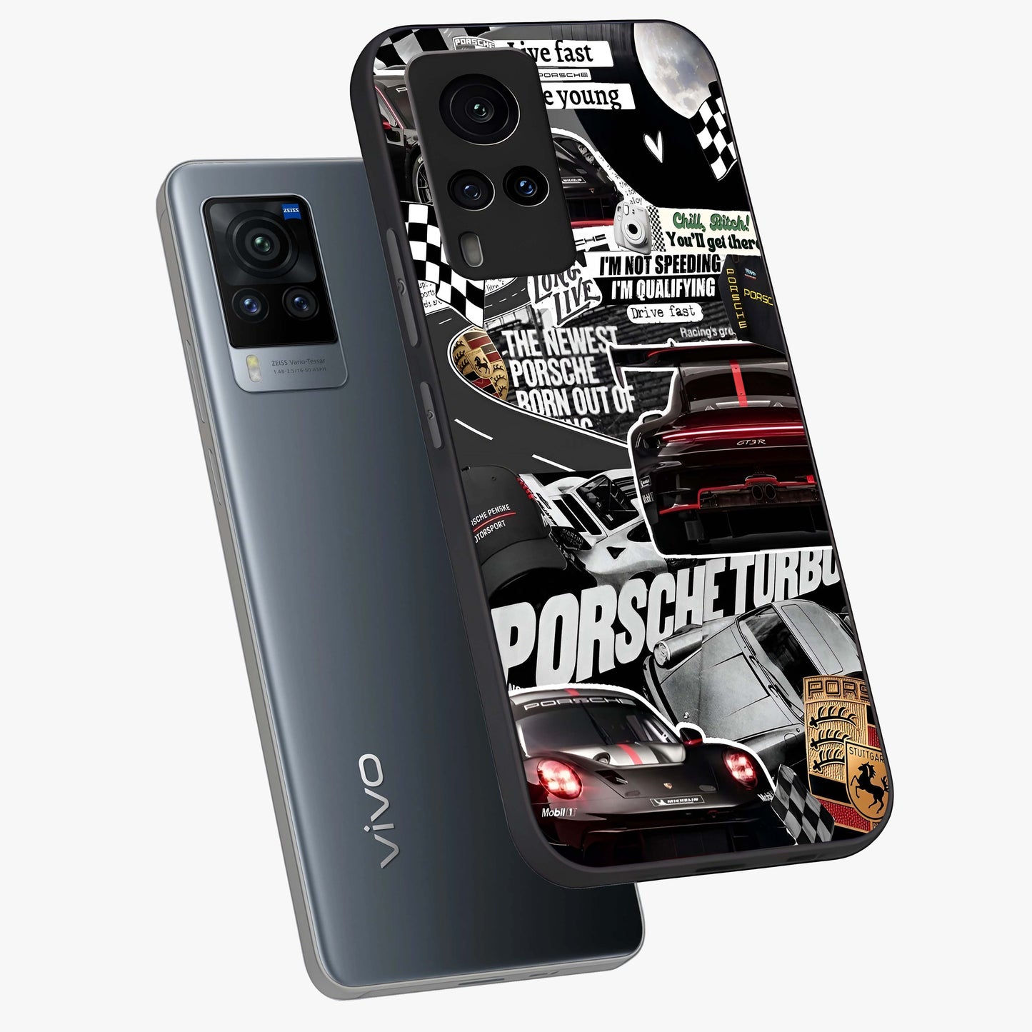 Porsche Racing Collage Glass Case displayed in angled mockup highlighting dynamic automotive design with bold racing aesthetic.